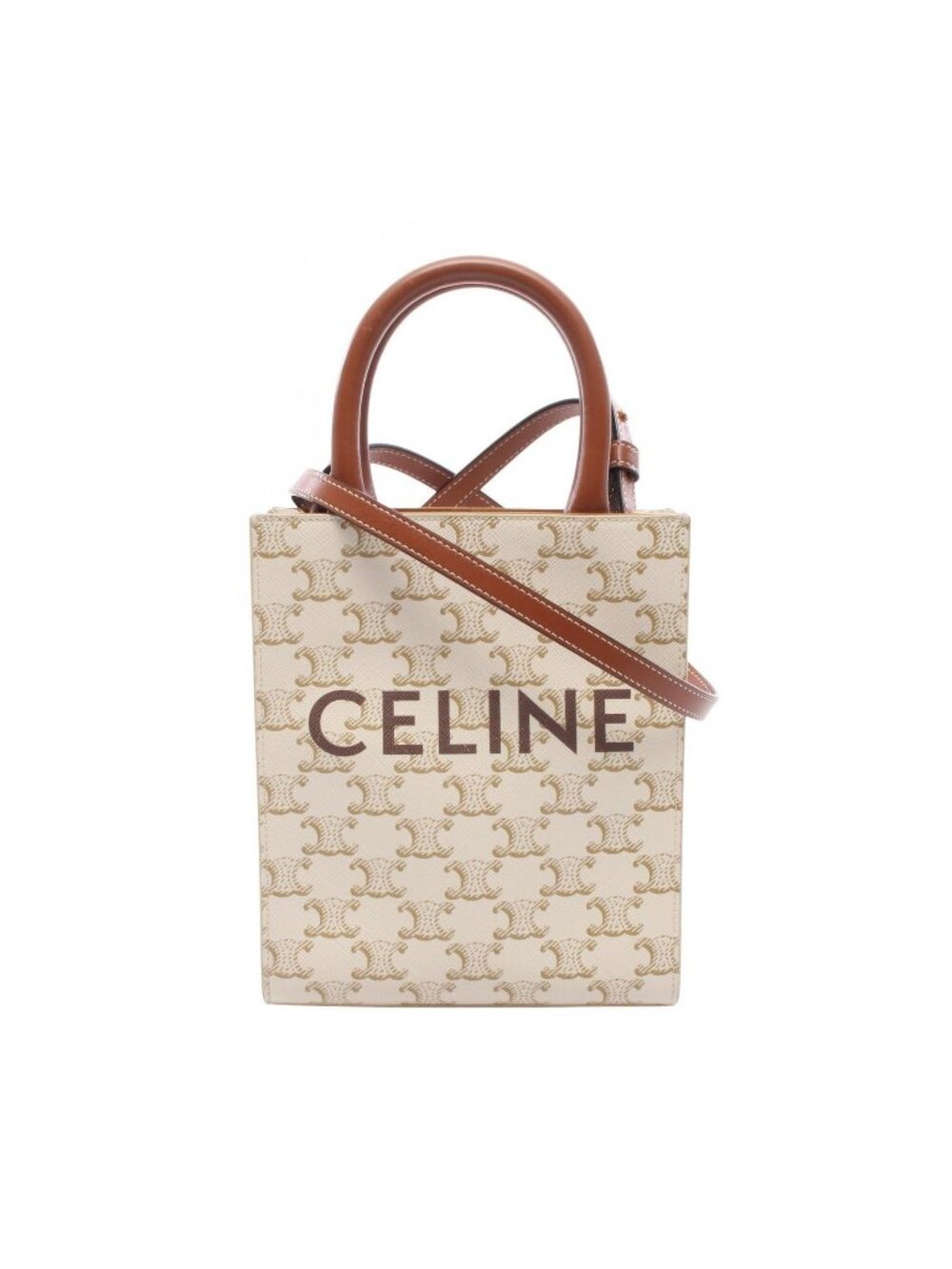 Celine Handbag Mini Vertical Cabas Triomphe 2-Way Ivory Brown Canvas Leather